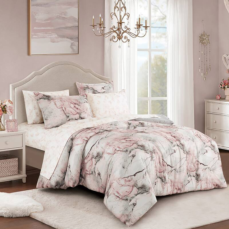 5 Piece Pink Grey Marble Abstract Soft Bedding Comforter Set, Twin Comforter + 4 of Additional Pieces Included