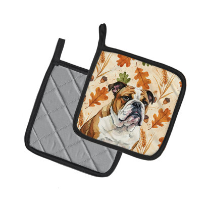Brindle and White English Bulldog Heirloom Fall Pair of Pot Holders