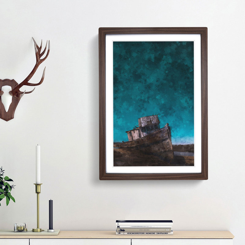 Stranded Boat Upon The Beach Painting - Picture Frame Graphic Art, 33cm H x 24cm W x 2cm D, Walnut Framed
