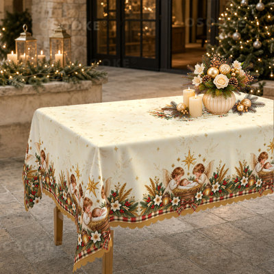 Christmas Cherub Tablecloth with Angel and Poinsettia Border Print