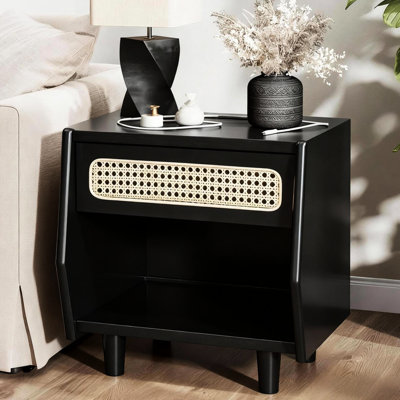 Table de chevet noire élégante avec bois naturel et bois massif, tablette ouverte et tiroir pour petite chambre à coucher, hauteur de 18,5 po, largeur de 18,9 po, profondeur de 15,7 po, décorations et commodité de chambre à coucher, grand, large, profond