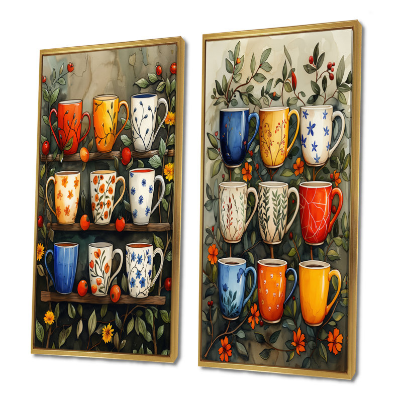Ensemble de 2 tasses à café rouge et bleu Boho Morning Coffee, H 28 po x l 24 po, Cadre flottant doré