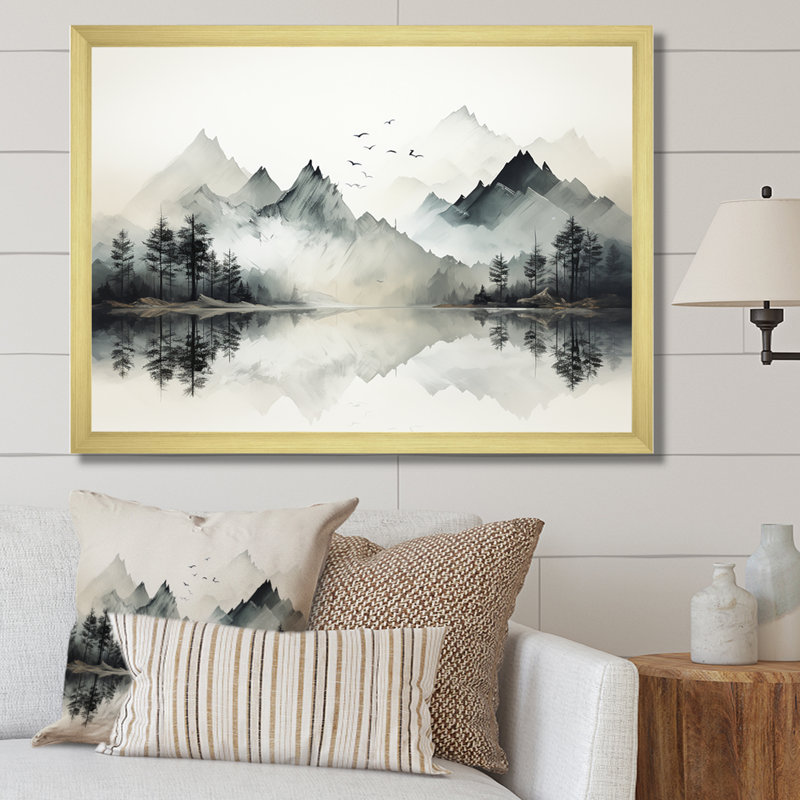 Aquarelle, rêve de lac et de forêt I, Cadre doré simple, H 12 po x l 20 po x P 1 po