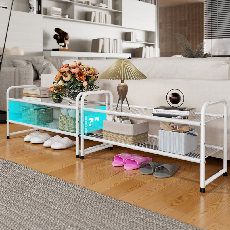 32'' Wide 2-Tier Metal Mesh Shoe Rack for Closet, Stackable and Adjustable, Good for High Heels, White