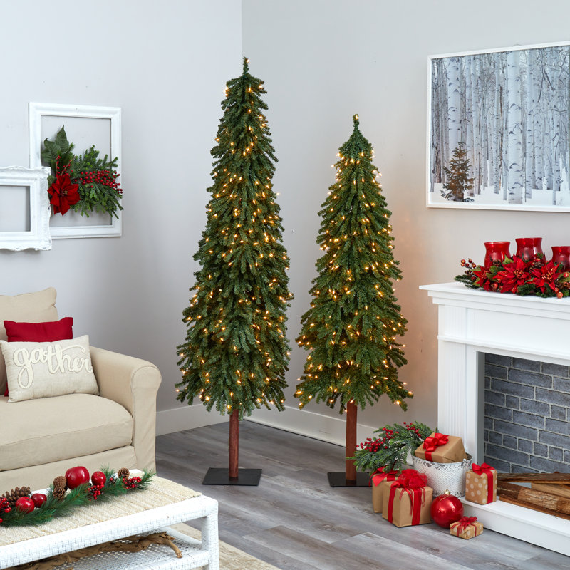 Arbre de Noël artificiel pin vert avec lumières claires/blanches, H 6 pi