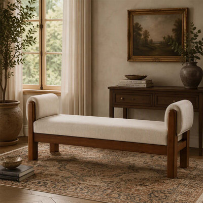 Banc Mid-Century rembourré avec repose-pieds et structure en bois