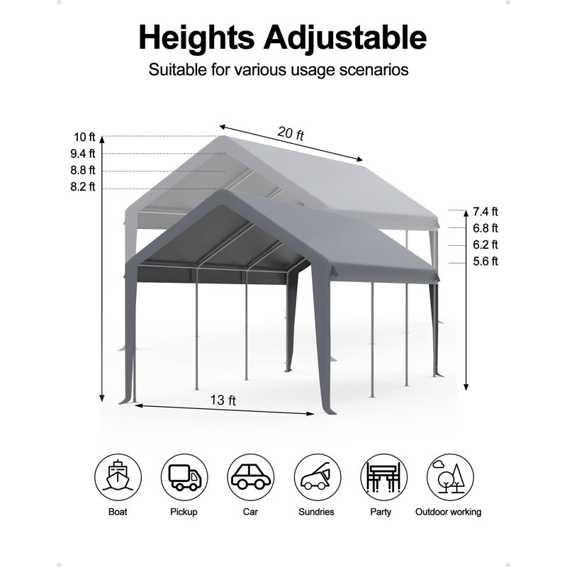 10x20 FT Carport Canopy Replacement Cover, Heavy Duty 200G PE Waterproof Tarp, UV & Wind Resistant Outdoor Shelter for Car Boat Patio Yard