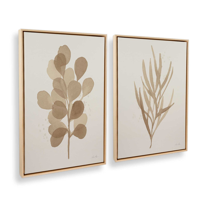 Ensemble d'impressions de feuilles brun clair - ensemble de 2, H 37 po x l 50 po, Cadre américain en érable flottant