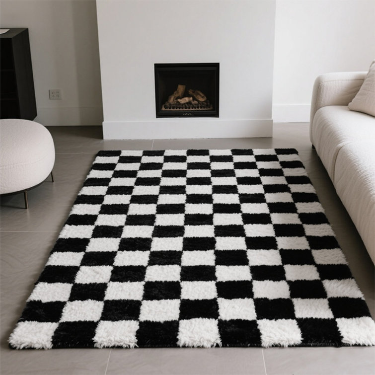 Modern Checkered Shag Rug, Soft Plush Carpet for Living Room, Bedroom and Dorm
