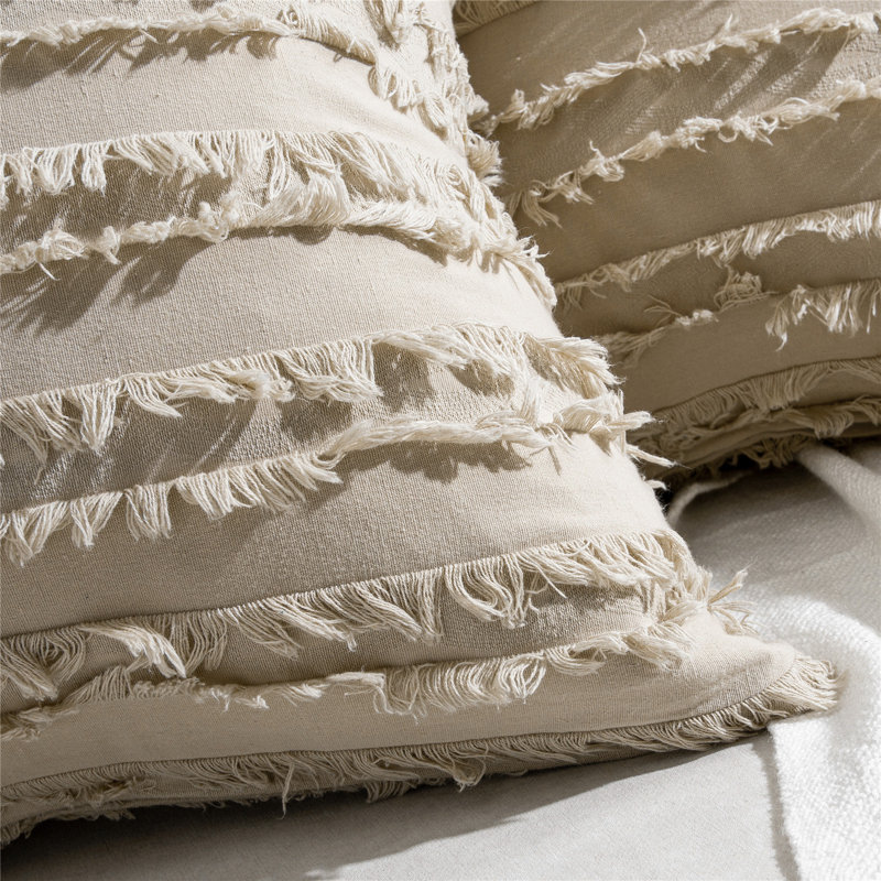 Khaki Cotton and Polyester Euro Pillow Covers with Tassels, Set of 2