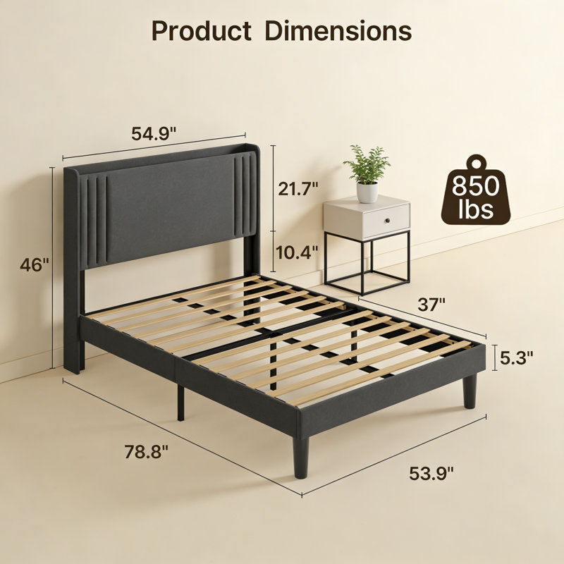 Lit plateforme à oreilles Bettyjean: structure en bois et métal + rangement sous le lit, Double, Gris foncé