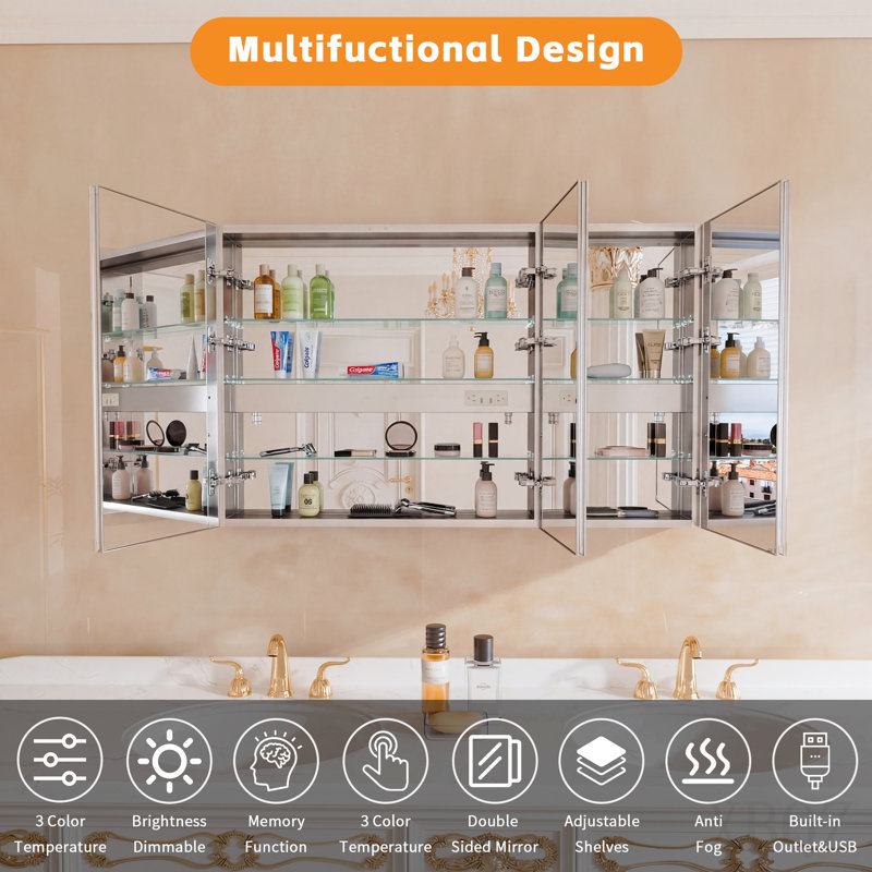 Lighted Bathroom Medicine Mirror Cabinet With Sockets & Usbs, 60" W X 36" H, Anti-Fog Dimmable Light And Colour Adjustment, Easy To Install