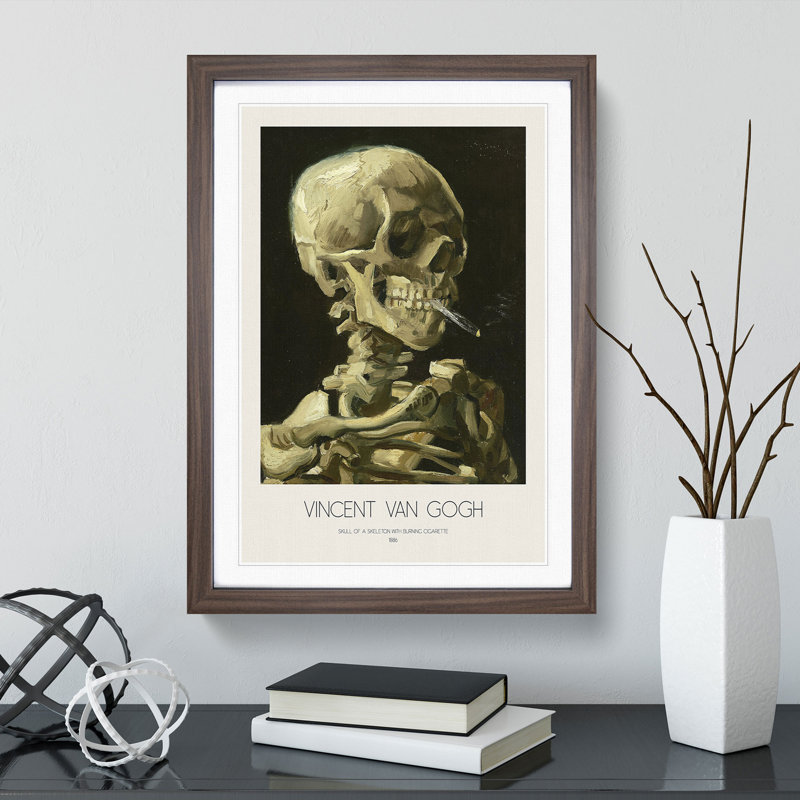 Skull of a Skeleton with Cigarette with Border by Vincent Van Gogh - Picture Frame Painting, Walnut Framed