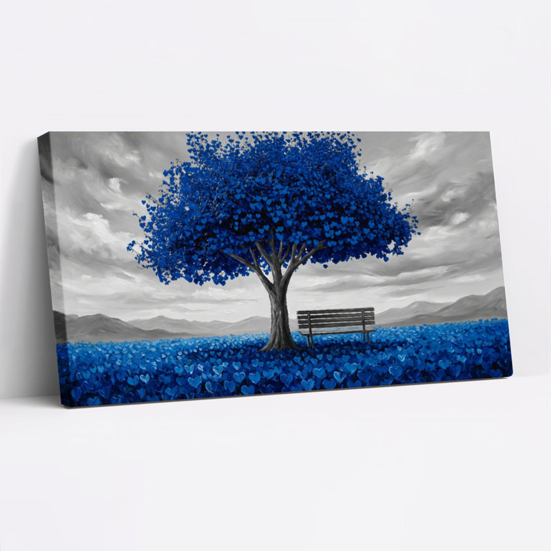 Ensemble de 1 tableau sur toile tendue représentant un paysage d'arbre bleu et de banc, 4020