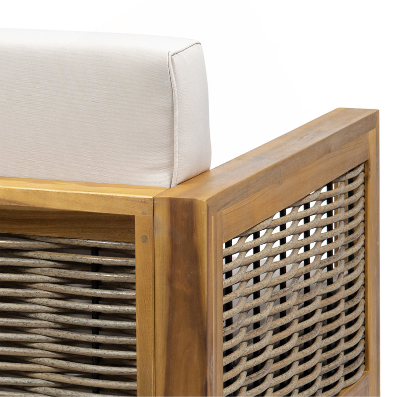 Ensemble de causeuse et table basse d'extérieur en bois d'acacia et en osier avec coussins