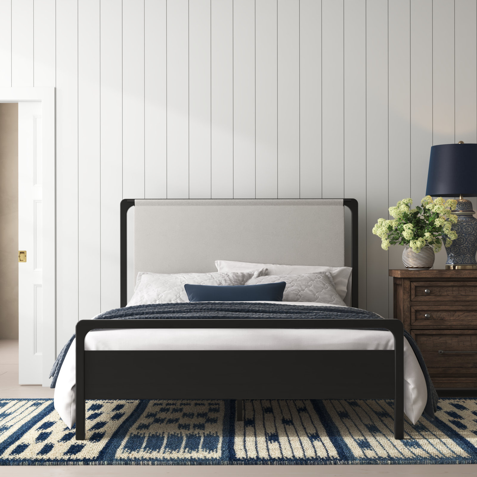 Karsten Upholstered Bed, Queen, Knoll Sand/Ebony Oak Veneer