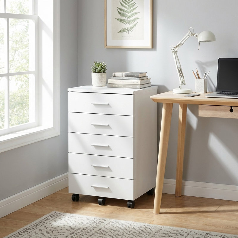 5 Drawers Filing Cabinet With Wheels, White