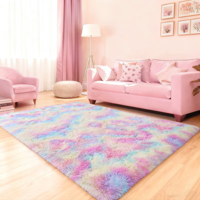 Tie-Dyed Rainbow Fluffy Rugs for Living Room, 4x6 ft Non-Slip Area Rugs Shag Carpet for Nursery Kids Play Room Dorm Office Indoor Modern Plush Carpets Girls