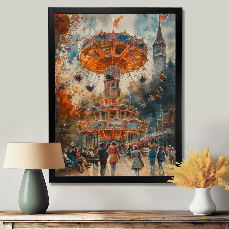  «Yellow Gray Vintage Carousel Amusement Parks II - Amusement Parks Wall Art Living Room, Cadre photo noir, H 30 po x l 40 po