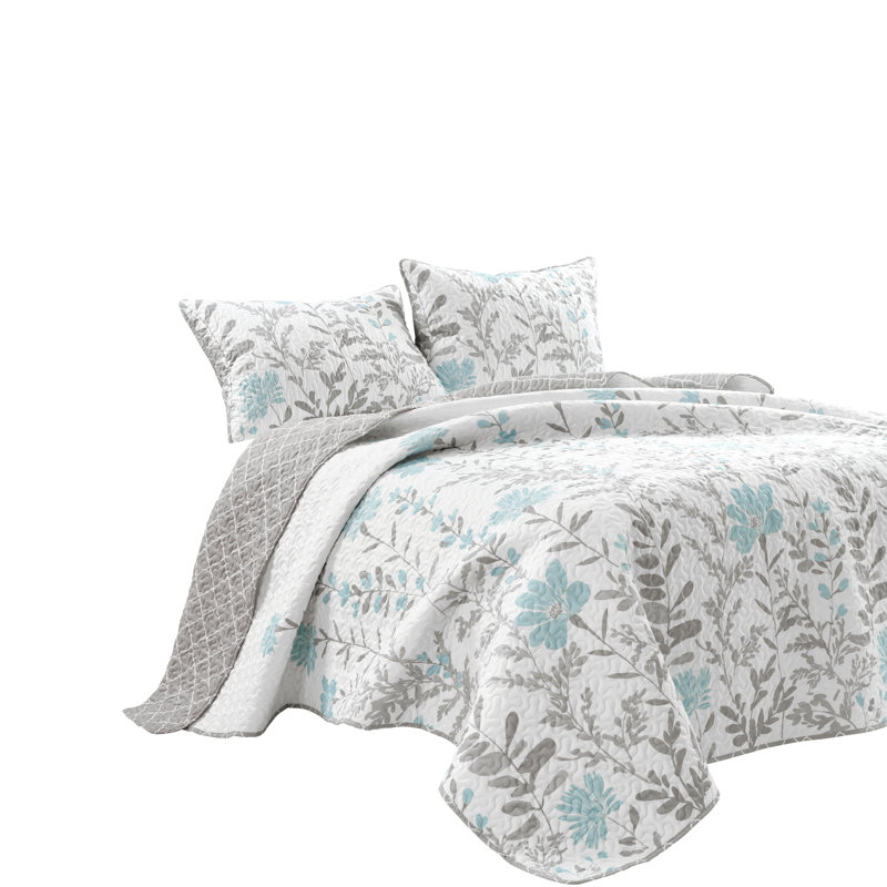 Blue and Gray Reversible Floral Microfiber Full Quilt Set