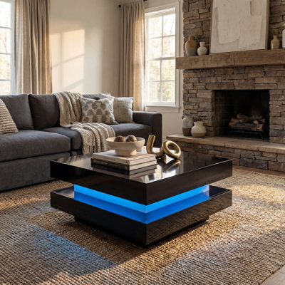 Modern LED Light Two-Tier Square Coffee Table with High Gloss Finish, 31.5 Inch Wide Black Centre Table for Living Room