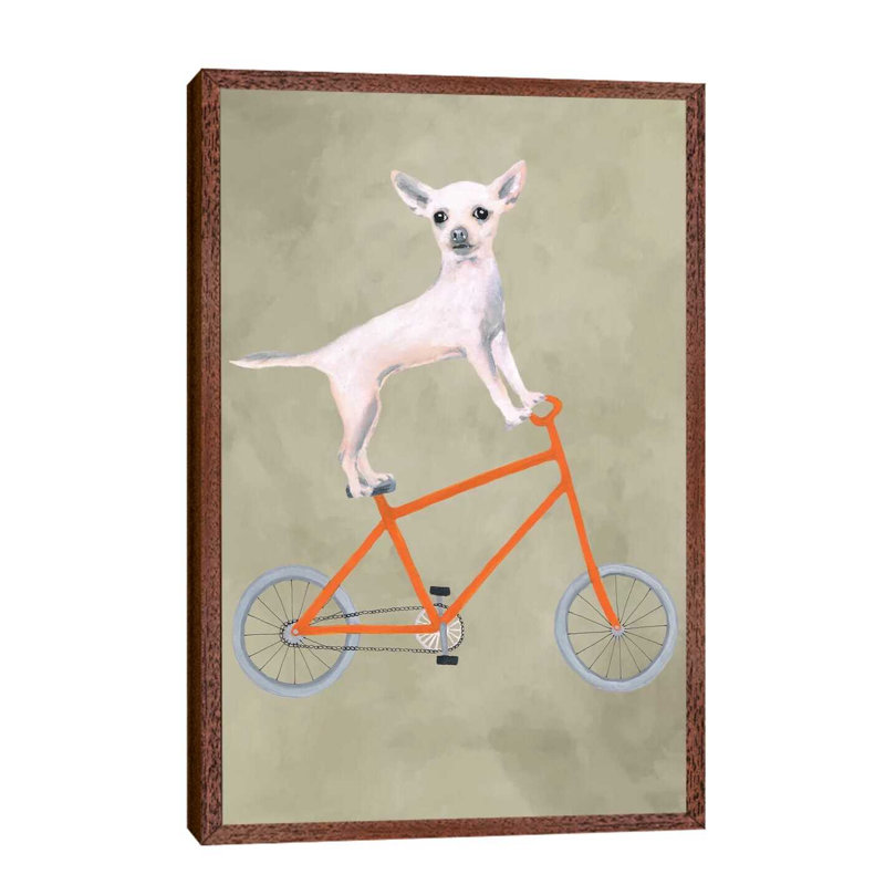 Chihuahua On Bicycle by Coco De Paris - Painting on Canvas, 101.6 cm H x 66.04 cm W, Brown Framed