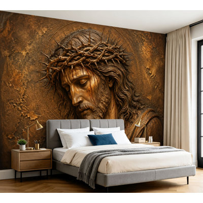 Wall Mural Peel and Stick Wallpaper Bronze Relief Crowned Figure Thorned Crown Expression Sorrow Self-Adhesive Removable Contact Paper Wall Decor for Living Room Bedroom 100"H x 144"W