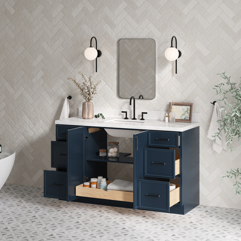 ARIEL Kelly 60 Single Sink Bathroom Vanity with Carrara Quartz Top, Midnight Blue, Rectangular , 54"