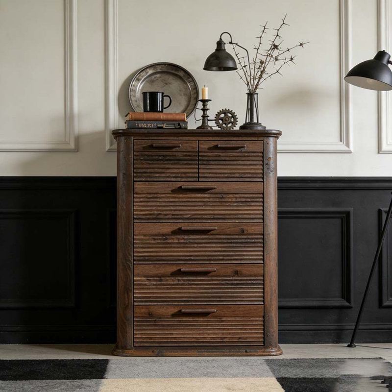 45" Tall Dresser with Curved Profile Design, Wood Fluted Chest of Drawer, Modern Drawer Storage, Walnut