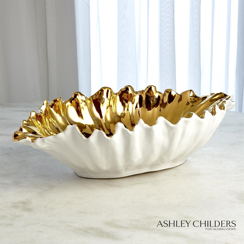 Organic Wave Oval Bowl-White-Lg, 6.25" H x 24" W x 14.25" D, White/Gold