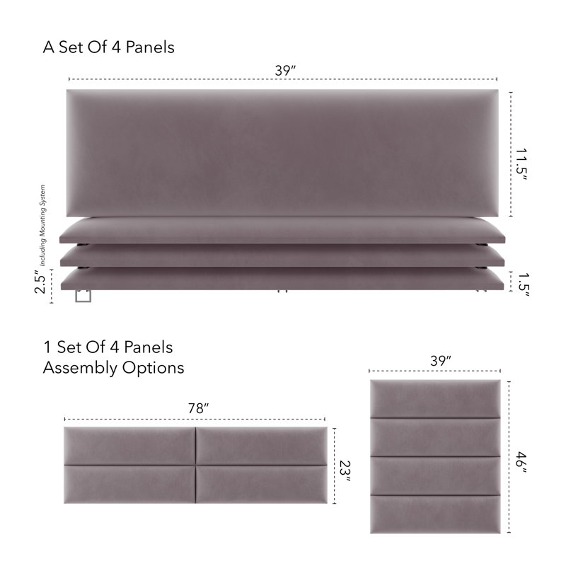 Panneau mural en velours rose cendré, H 11,5 po x l 39 po x P 1,5 po