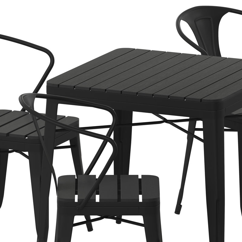 Table carrée en résine toutes saisons et 4 chaises en métal avec sièges en résine de polyester