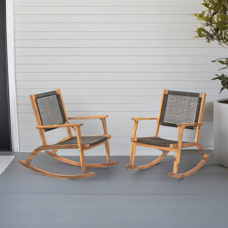 Chaise berçante d'extérieur en bois massif (ensemble de 2), Bois brun foncé / naturel