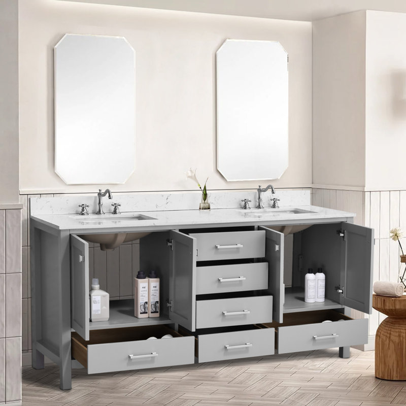 Meuble-lavabo moderne 72 po et lavabo, structure en bois massif, rangement spacieux pour la salle de bain