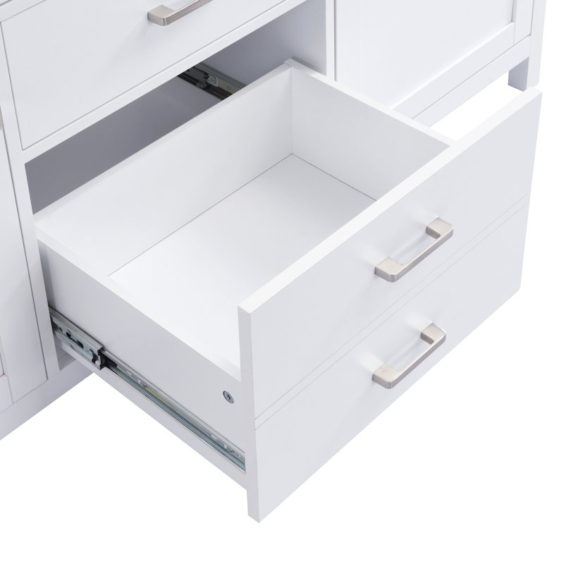 Meuble-lavabo 59,1 po avec lavabo en résine, portes et tiroirs à fermeture en douceur, poignées en métal, tiroir basculant, 2 portes d'armoire, tablette réglable, tiroir avec séparateur amovible, blanc