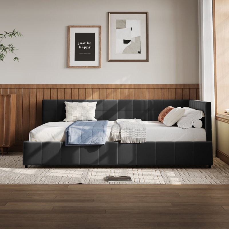 Reversible L-Shape Upholstered Platform Bed With Velvet Fabric Design, Queen, Black