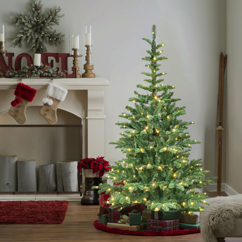 Arbre de Noël pré-éclairé avec lumières à DEL blanc chaud, pointes en PE + PVC, aspect en couches réaliste, base en bois unique - arbre de Noël artificiel complet pour la décoration intérieure