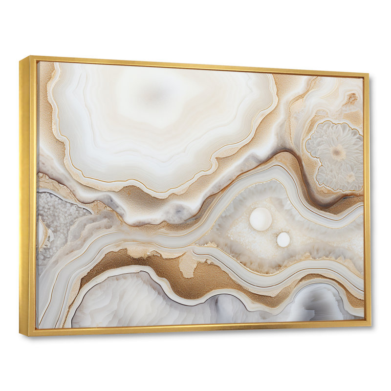 Géode de paysage de pierre beige et doré sur fond de minimalisme, H 34 po x l 44 po x P 1,5 po, Cadre flottant doré