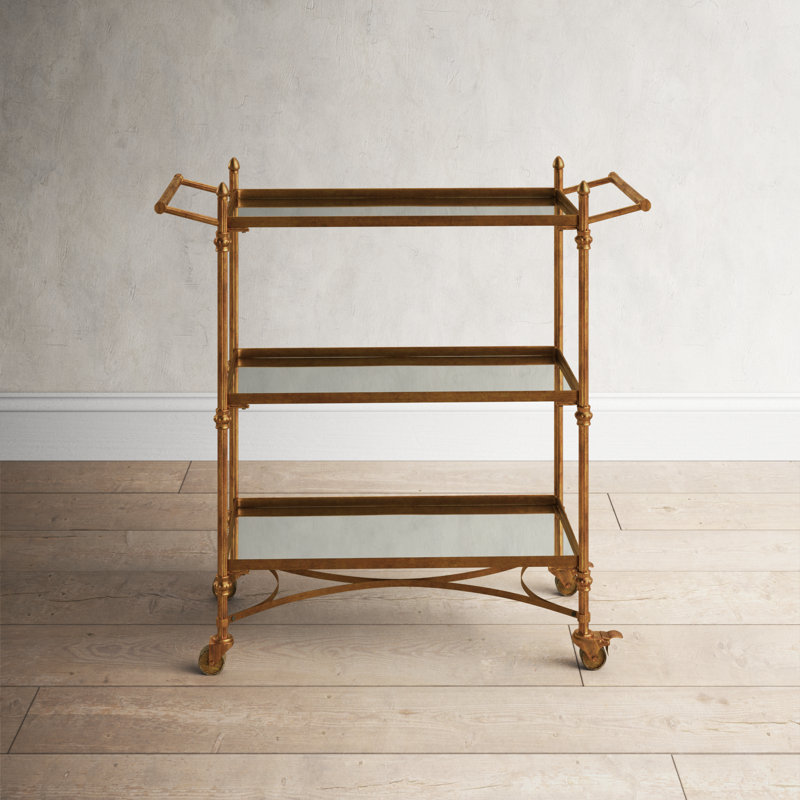 Metal Rolling 3 Mirrored Shelves Bar Cart with Handles