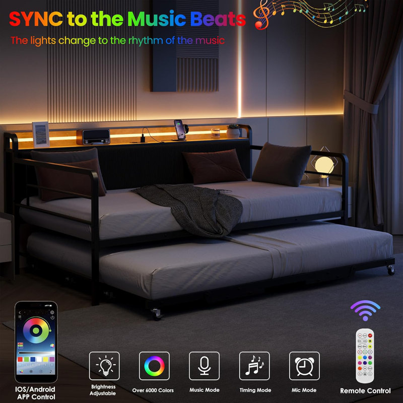 Daybed with Trundle and LED Light, Sturdy Metal Twin Size Bed Frame with Corduroy Upholstered Headboard and Charging Station