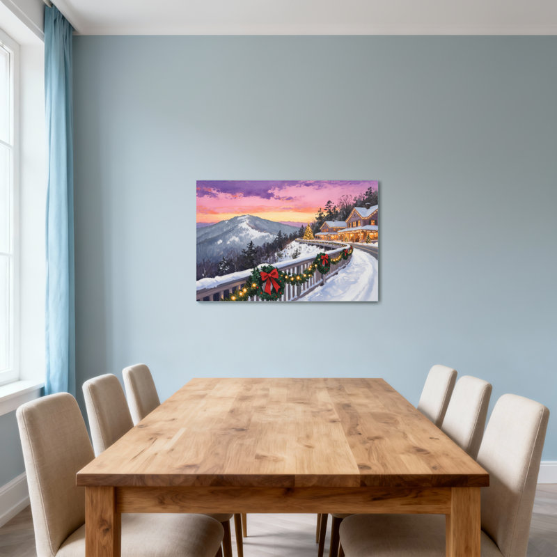 Christmas Winter Sunset Mountain Cabin Christmas Scene, 20" H x 30" W