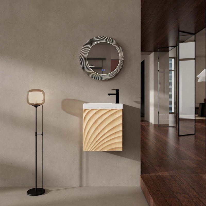 Meuble-lavabo mural avec lavabo en résine et porte simple à fermeture douce, Naturel