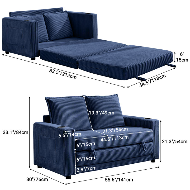 55.6 " Corduroy Sofa Bed Reclining, Blue