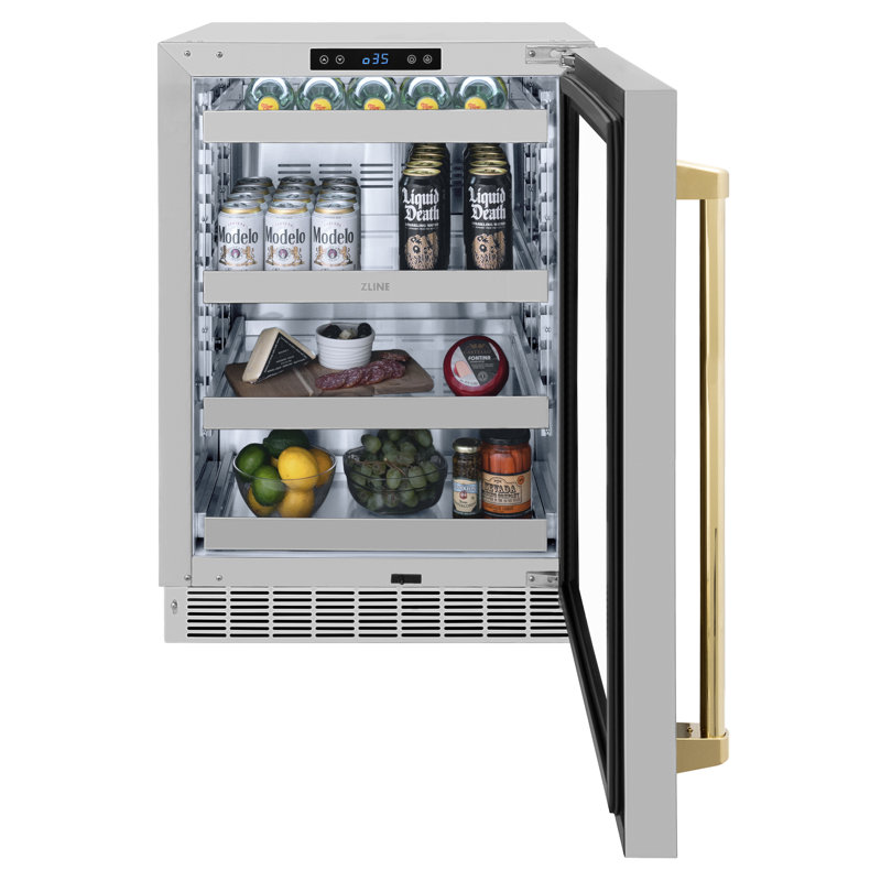 ZLINE Edition 24" Touchstone Fridge w/ DuraSnow Glass Door & Gold Handle, Stainless Steel