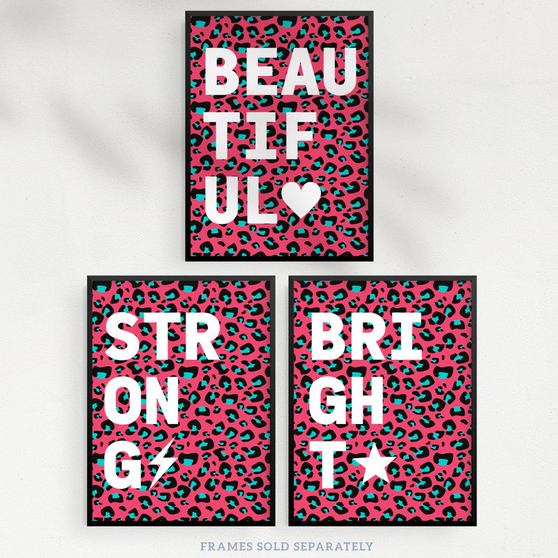 Leopard Pattern Beautiful Strong Bright Typography - 3 Piece No Frame Print Set, Multicoloured Pink