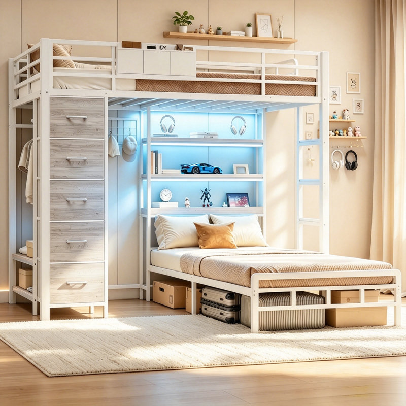 Lit superposé simple au-dessus de simple avec tablettes DEL à 3 niveaux et rangement pour arbre d'entrée, White