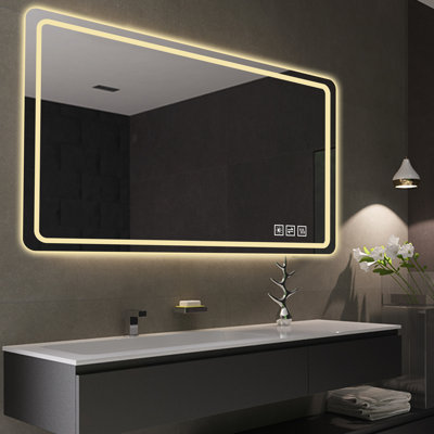 Miroir de salle de bain 60 po x 28 po à DEL avec lumières avant, miroir argenté de 5 mm, fonction à trois couleurs changeantes, gradation continue, désembuage en un clic, éclairage de maquillage sans rouille, tactile