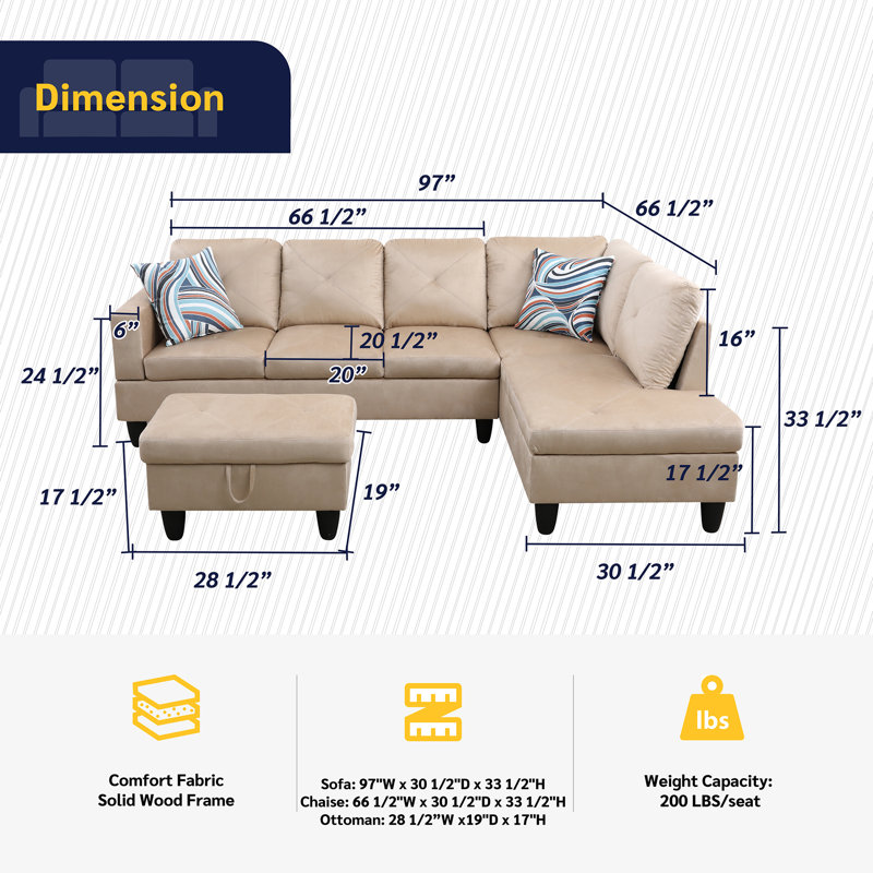 Amayrani Upholstered L-Shaped Sectional, Beige, Right Hand Facing