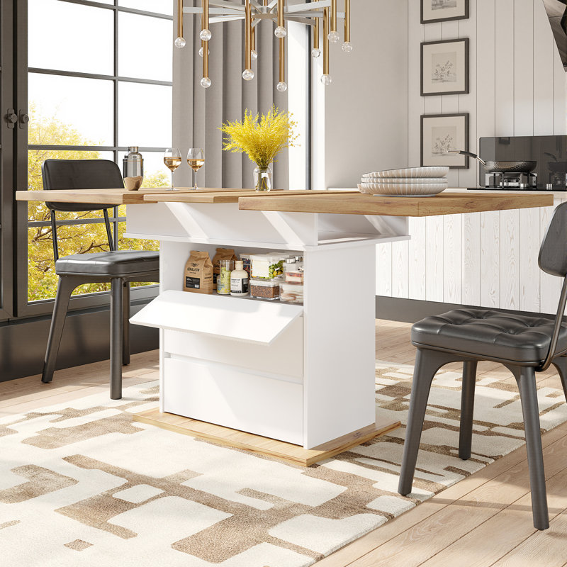 Extendable Dining Table With Storage Levels, White