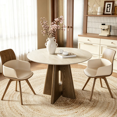 Amberly Round Sintered Stone Dining Table with Solid Wood Pedestal Base | Multi-size Option for Dining Room & Breakfast Nook